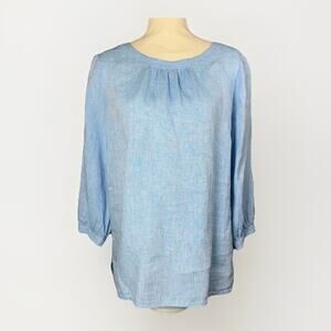 Talbots LG Blue Linen Button Back Tunic Top Workwear Summer 3/4 Balloon Sleeve